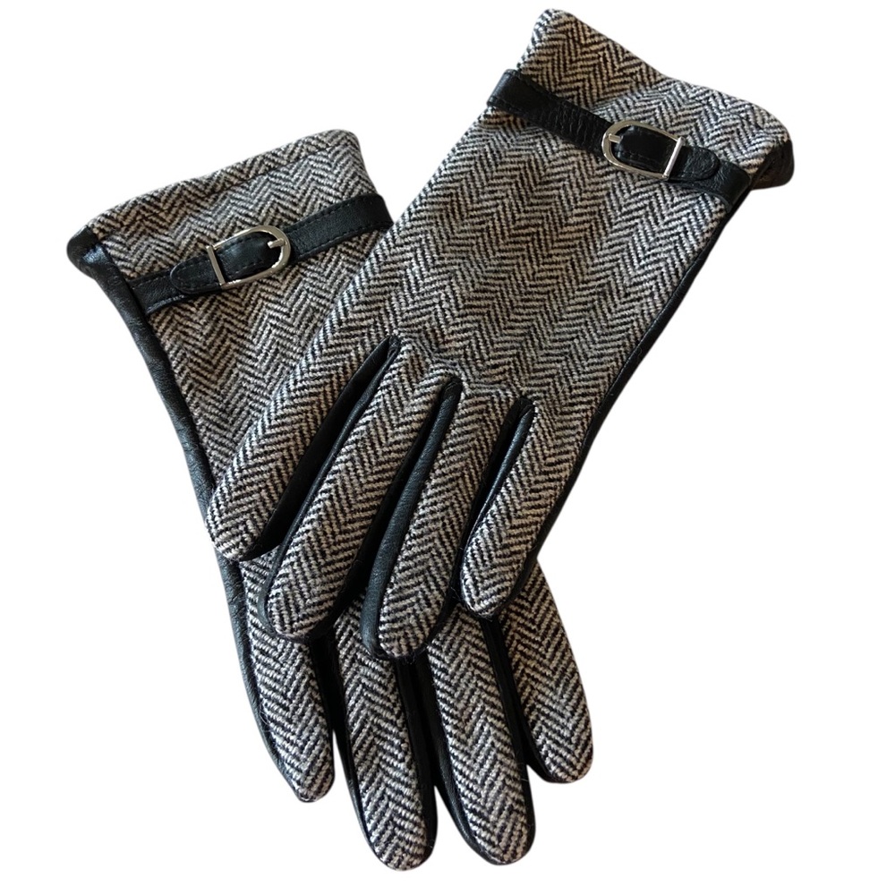 Ladies Wool Herringbone Black Leather Gloves Small Old Money Quiet Luxury
